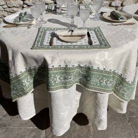 Rectangular Jacquard tablecloth Delft ecru, bordure "Bastide" ecru and green