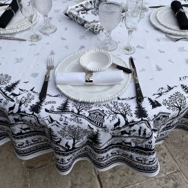Christmas coated cotton round tablecloth "Jura" ecru and black