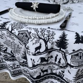 Christmas coated cotton round tablecloth "Jura" blanc et noir