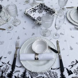 Christmas coated cotton rectangular tablecloth "Jura" blanc et noir
