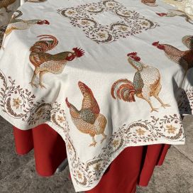 Jacquard square table mats rooster and hen "Chantecler", Tissus Toselli