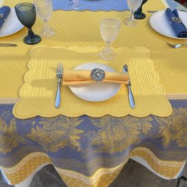 Rectangular Jacquard tablecloth sunflowers "Beaulieu" blue and yellow by Tissus Toselli