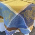 Rectangular Jacquard tablecloth sunflowers "Beaulieu" blue and yellow by Tissus Toselli