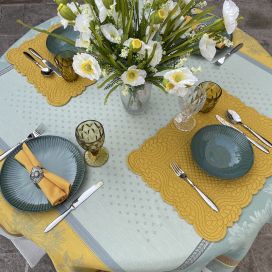 Square Jacquard tablecloth sunflowers "Beaulieu" green and yellow by Tissus Toselli