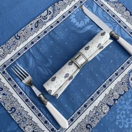 Sets de table damassés Delft bleu, bordure "Bastide" blanc et bleu