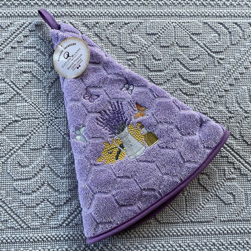Embrodery round hand towel "Lavande and butterflies" mauve