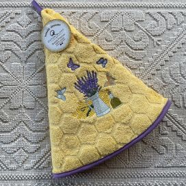 Embrodery round hand towel "Lavande and butterflies" yellow