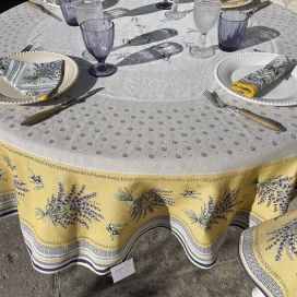 Round Jacquard tablecloth Lavandes et Olives "Castillon" yellow Marat d'Avignon