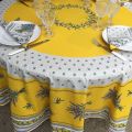 Round tablecloth in cotton, diameter 91"  "Lauris" olives and lavandes yellow, by TISSUS TOSELLI