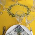 Round tablecloth in cotton, diameter 91"  "Lauris" olives and lavandes yellow, by TISSUS TOSELLI