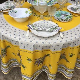 Round tablecloth in cotton, diameter 91"  "Lauris" olives and lavandes yellow, by TISSUS TOSELLI