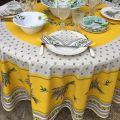 Round tablecloth in cotton, diameter 71"  "Lauris" olives and lavandes yellow, by TISSUS TOSELLI