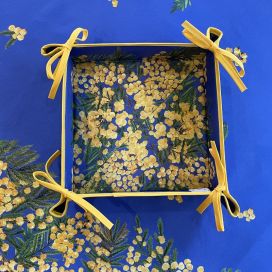 Coated cotton bread basket with laces "Mimosas" blue by Tissus Toselli