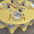 Nappe provençale ronde en coton lavandes "Bonnieux" fond jaune