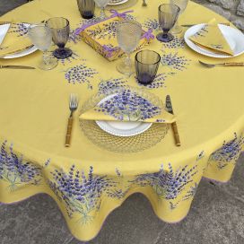 Round coated cotton tablecloth  lavenders "Bonnieux" yellow by TISSUS TOSELLI