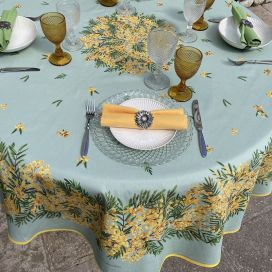 Nappe provençale ronde en coton "Mimosas" fond vert