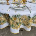 Nappe provençale ronde en coton "Mimosas" fond blanc