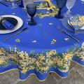 Nappe provençale ronde en coton "Mimosas" fond bleu