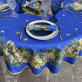 Nappe provençale ronde en coton "Mimosas" fond bleu