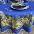 Nappe provençale ronde en coton "Mimosas" fond bleu