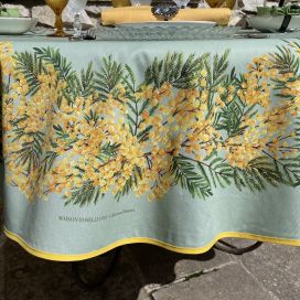 Rectangular centred tablecloth in cotton "Mimosas" green from Tissus Toselli