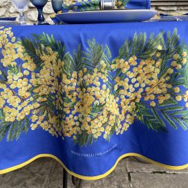 Rectangular centred tablecloth in cotton "Mimosas" blue from Tissus Toselli