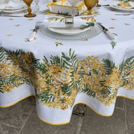 Rectangular centred tablecloth in cotton "Mimosas" white from Tissus Toselli