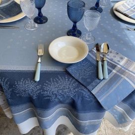 Nappe carrée Jacquard lavandes "Lourmarin" bleu et beige, Tissus Toselli