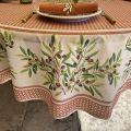 Nappe provençale ronde en coton enduit "Nyons" fond ocre, Tissus Toselli