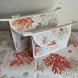 Trousse cosmétiques en coton matelassé "lagon" écru et corail