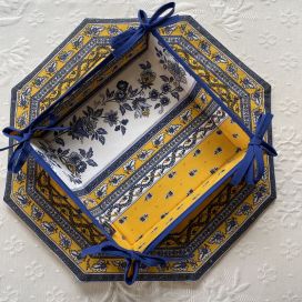 Coated cotton bread basket with laces, "Avignon" blue and yellow by "Marat d'Avignon"