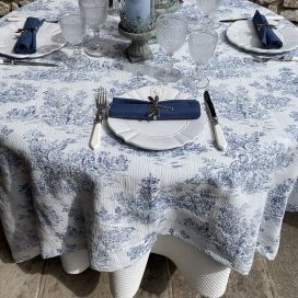 Damask Jacquard tablecloth Toile de Jouy "Coraline" blue