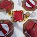 Nappe ronde en coton  enduit "Avignon" jaune et rouge "Marat d'Avignon"