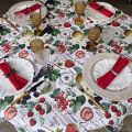 Round coated cotton tablecloth "Groseilles" white