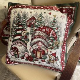 jacquard cushion cover "Lutins" red and green Tissus Tosseli