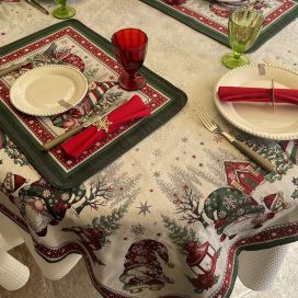 Jacquard tablecloth "Lutins" green and red, Tissus Toselli