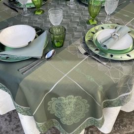 Rectangular Jacquard polyester tablecloth "Reveillon" green and silver  from "Sud Etoffe"