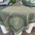 Rectangular Jacquard polyester tablecloth "Reveillon" green and silver  from "Sud Etoffe"