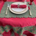 Rectangular damask jacquard tablecloth Delft red, bordure "Valensole" green