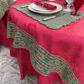 Rectangular damask jacquard tablecloth Delft red, bordure "Noel en Provence" green