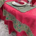 Rectangular damask jacquard tablecloth Delft red, bordure "Valensole" green