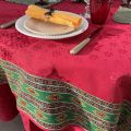 Rectangular damask jacquard tablecloth Delft red, bordure "Valensole" green