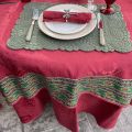 Rectangular damask jacquard tablecloth Delft red, bordure "Valensole" green