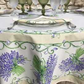 Nappe provençale ronde en coton enduit "Bouquet de Lavandes" Ecru, TISSUS TOSELLI NICE