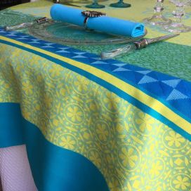 Nappe Jacquard "Ribeauvillé" Turquoise, jaune, Tissus Toselli