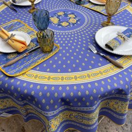 Nappe provençale ronde en coton "Bastide" Bleue et jaune "Marat d'Avignon"