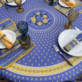 Coatted cotton round tablecloth "Bastide" blue and yellow "Marat d'Avignon"