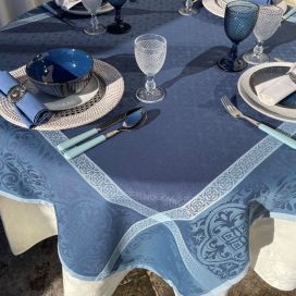 Square Jacquard polyester tablecloth "Alicante" blue navy from "Sud Etoffe"