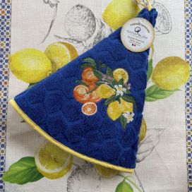 Essuie-main rond en éponge brodé "Citrons et oranges" bleu