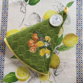 Embrodery round hand towel "Lemons and oranges" green